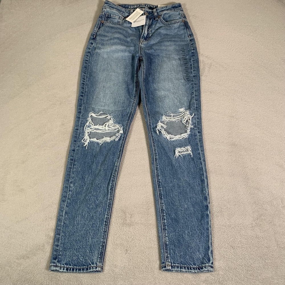 American Eagle Mom Jeans Womens 00 Blue Medium Wash Super High Rise Distressed